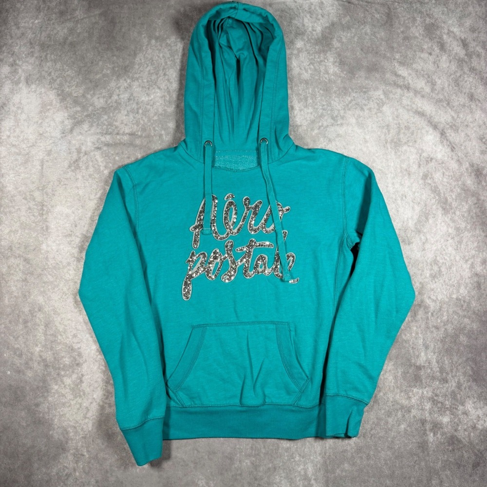 Aeropostale Womens Sequin Logo Hoodie Teal Blue Green Sweatshirt Small S Y2K